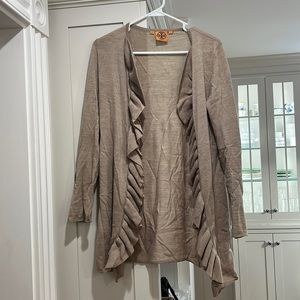 Tory Burch Cream Merino Wool Open Front Ruffle Sweater